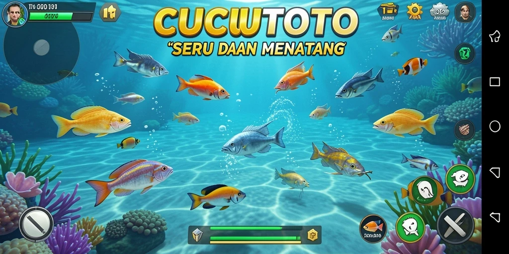 Screenshot gameplay CUCUTOTO menunjukkan aksi seru menembak ikan.