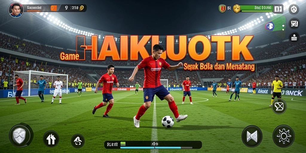 Tampilan gameplay HAIKUOTK yang menampilkan aksi menyerang dalam sepak bola.