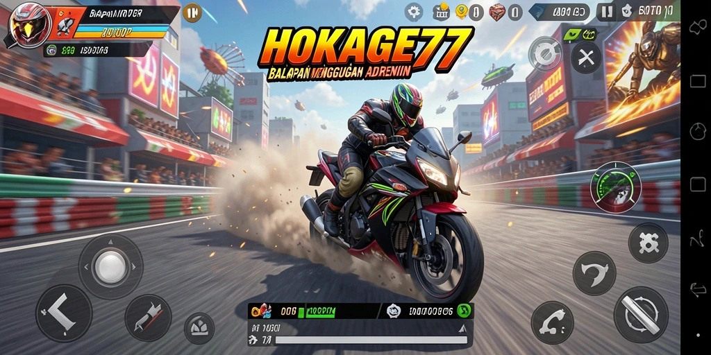 Tampilan gameplay menegangkan di HOKAGE77 saat balapan motor.