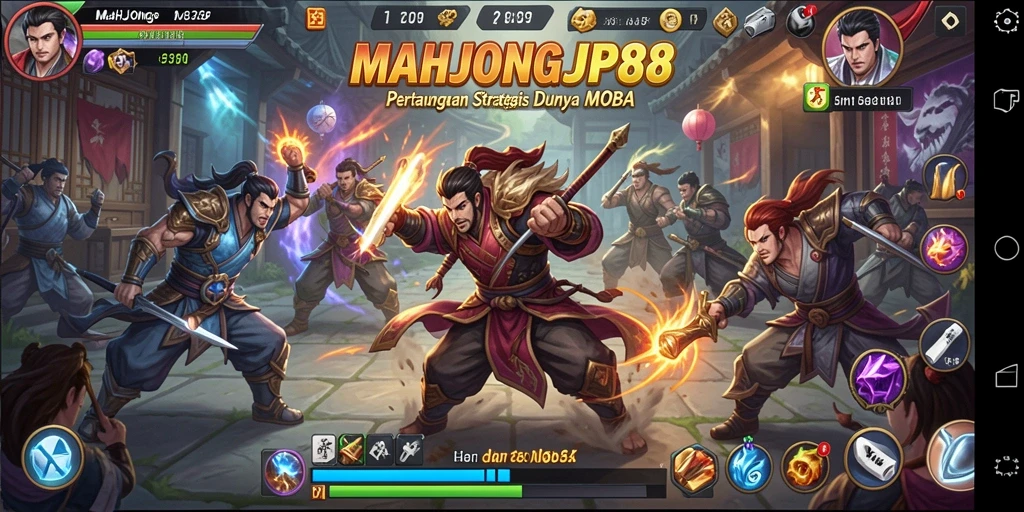 Tangkapan layar permainan MOBA yang menampilkan pertarungan epik di MAHJONGJP88.