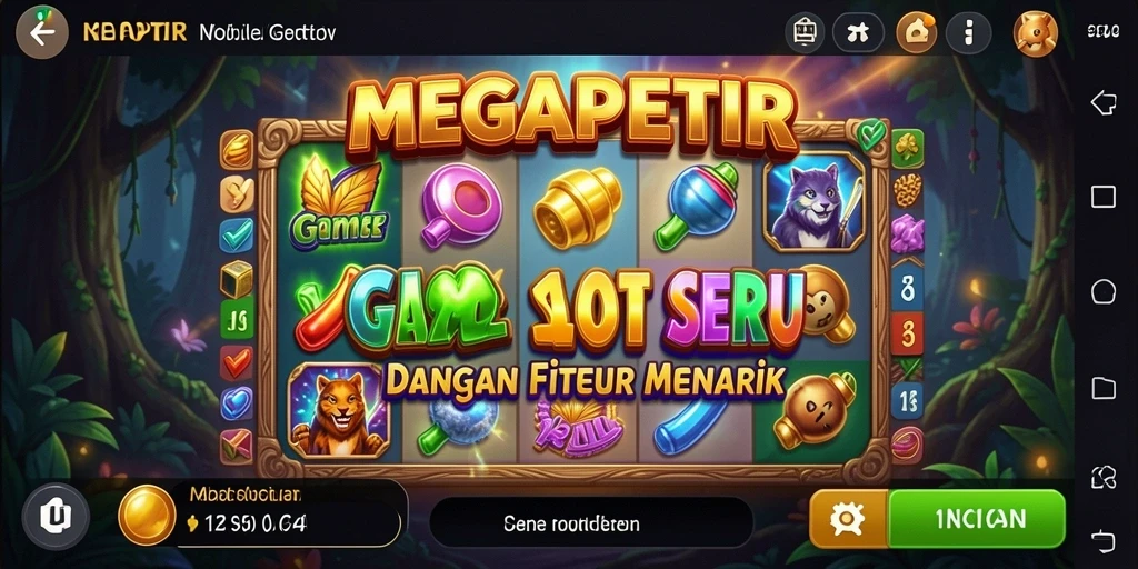 Tampilan gameplay MEGAPETIR yang penuh warna dan fitur menarik.