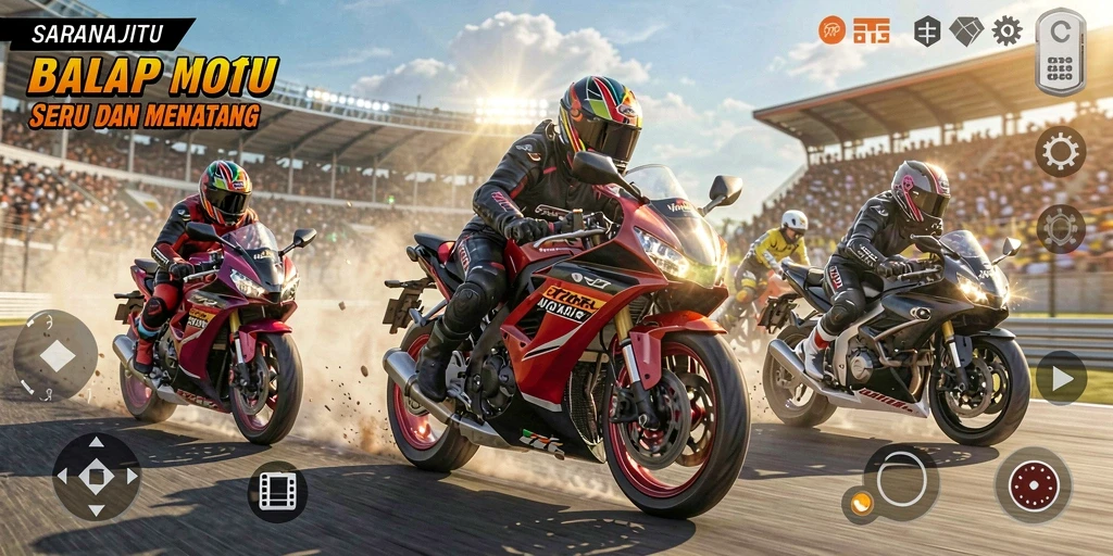Screenshot utama SARANAJITU yang menunjukkan serunya balapan motor.