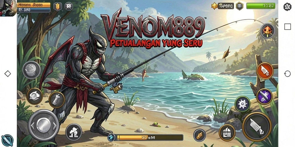 Screenshot utama VENOM889 menampilkan aksi seru saat menangkap ikan.