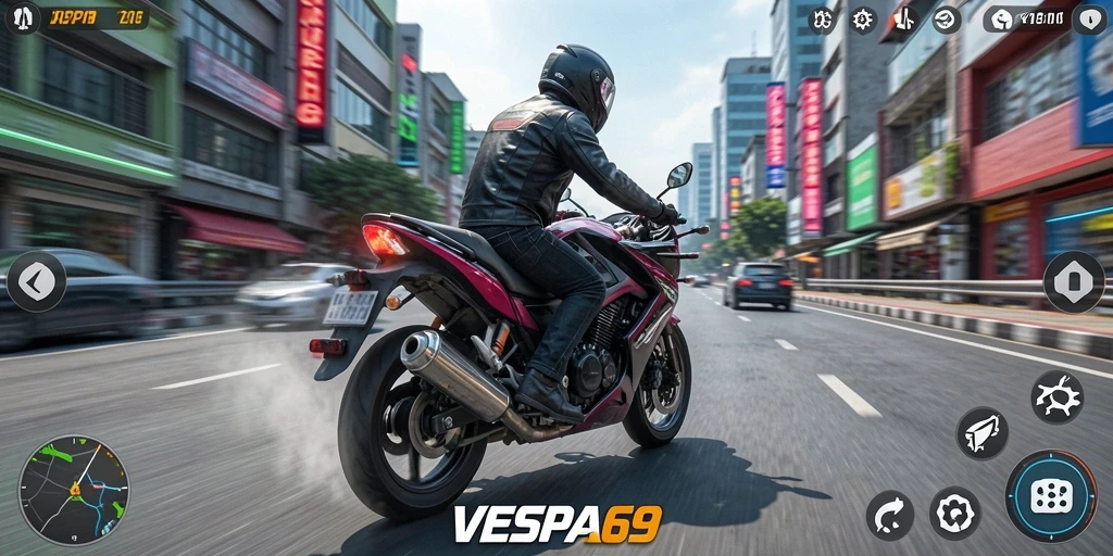 Tampilan gameplay VESPA69 menampilkan balapan sepeda motor yang mendebarkan.