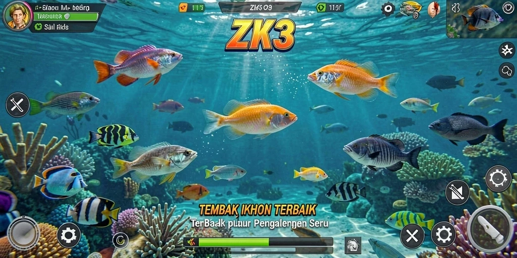 Tampilan gameplay seru Tembak Ikan ZK3 dengan aksi menembak ikan.